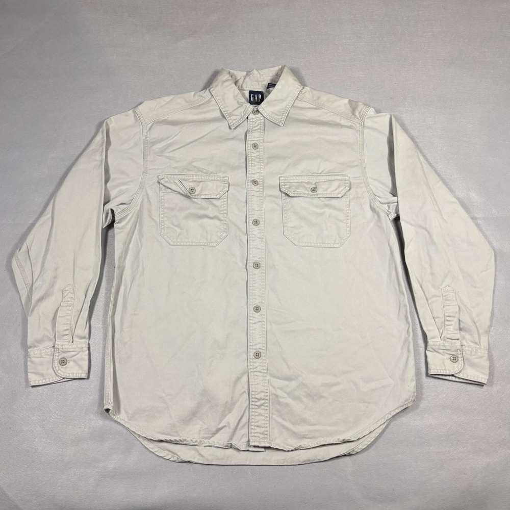 Gap Mens Vintage Cotton Twill Utility Button Down Shirt Beige Stone Medium